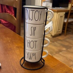 Rae Dunn White Mugs with Black Holder never used